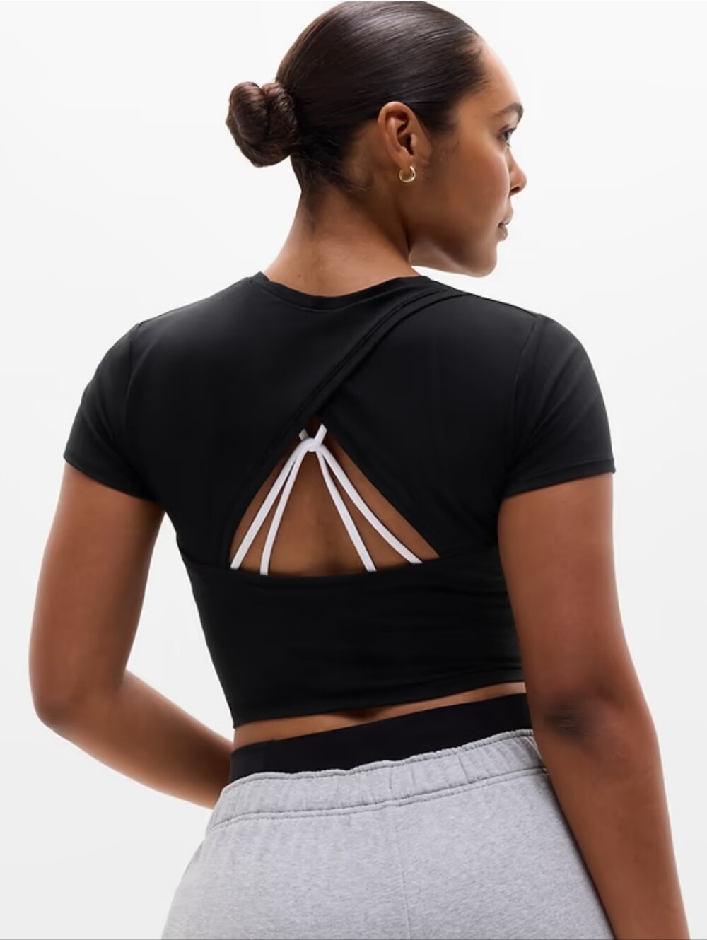 Athleta Black Short-Sleeve Cutout Crop Top with White Strappy Back